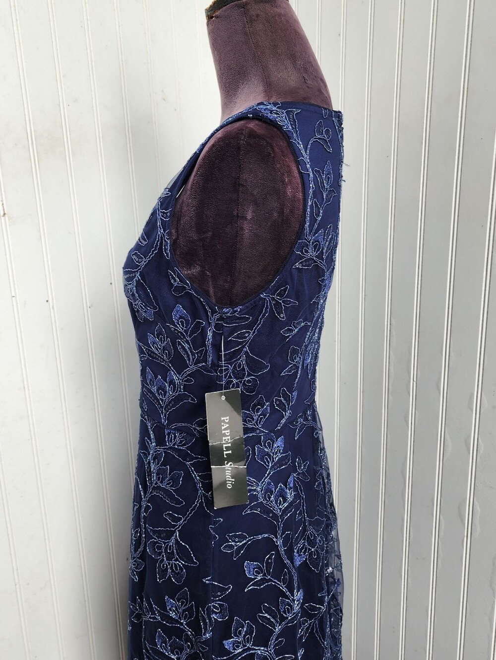 NWT Papell Studio Women's Navy Blue Floral Sequin Embroidered Midi Dress 8 - Picture 8 of 16